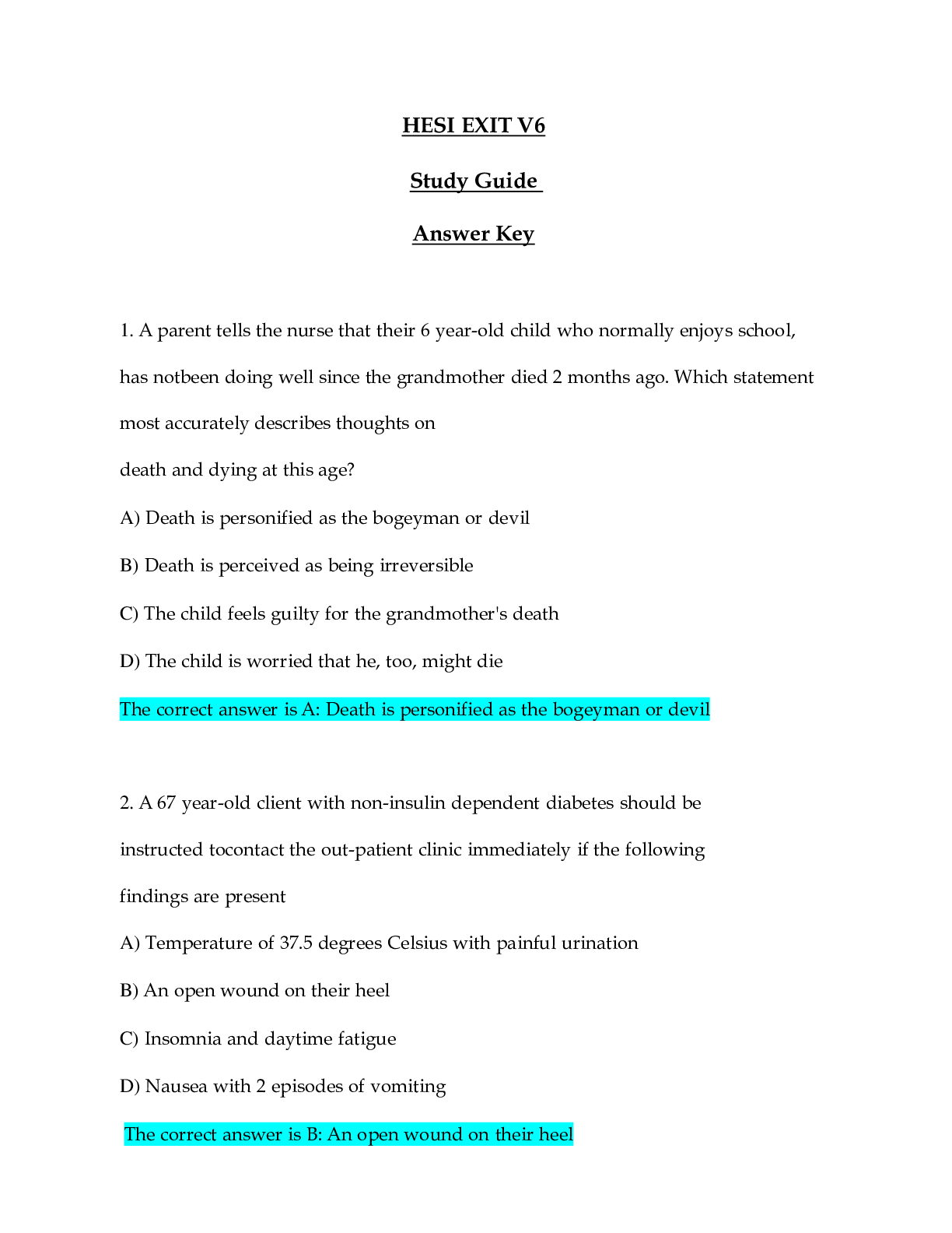 Preview of HESI EXIT V6 NEW (Latest Updated April  2021 Version) Correct Study Guide Questions and An